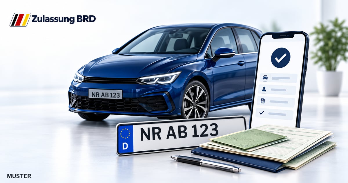 Online Fahrzeugzulassung in Landkreis Neuwied: Musterkennzeichen NR AB 123, Auto und Fahrzeugpapiere und Smartphone. Illustration mit Logo von Zulassung BRD.